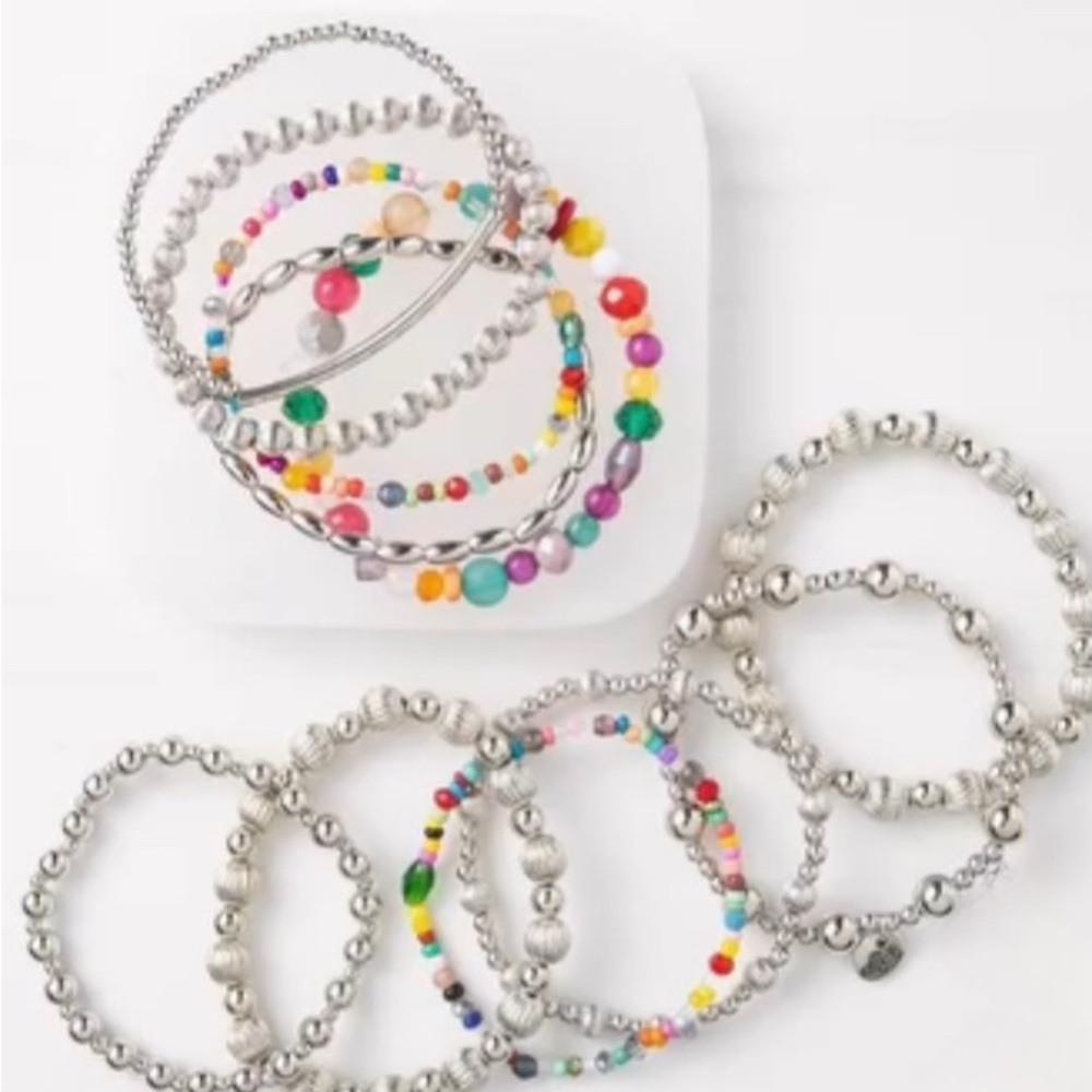 Set of 11 Colorful Beaded and Silver Bracelets NWOT